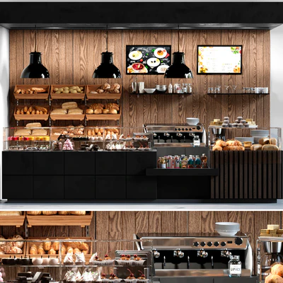 Cafe with pastries and desserts. Coffee house design project. Sweets — Ver 1
