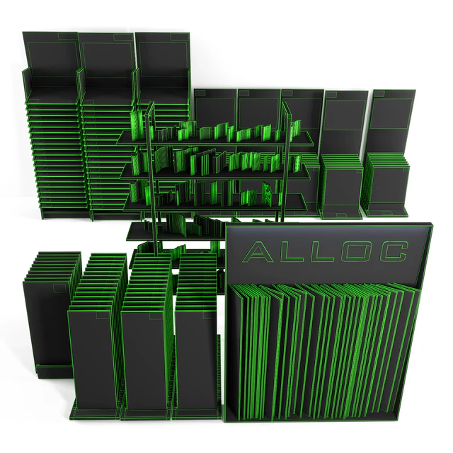 Exhibition stands with samples of laminate, porcelain tile, stucco molding — Descargar