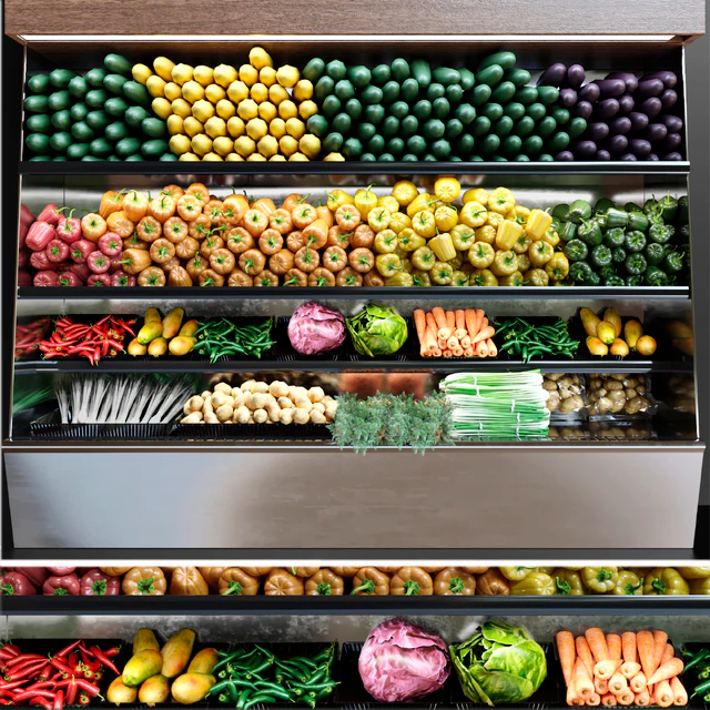 Showcase in a supermarket with fresh fruits and vegetables. Food — Descargar