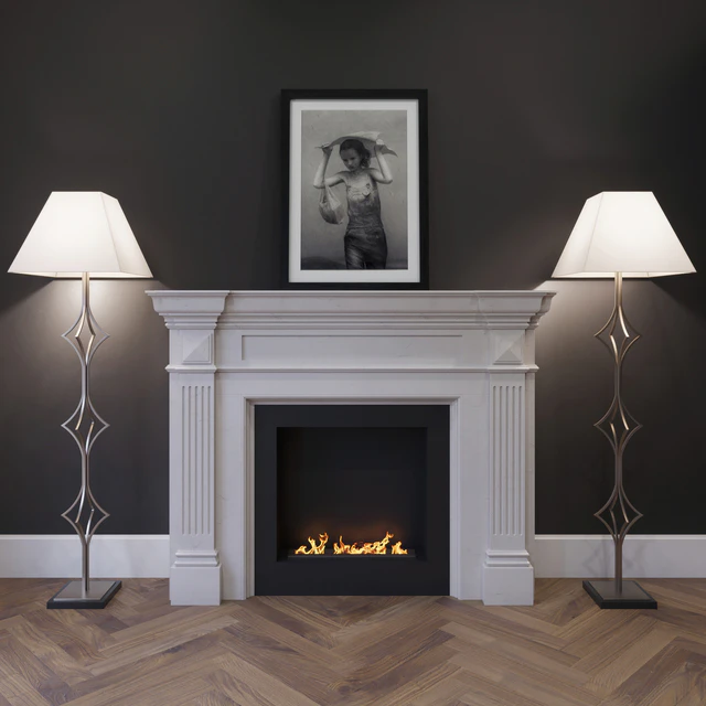The fireplace is marble with a biotope, floor lamps and a picture. — Descargar