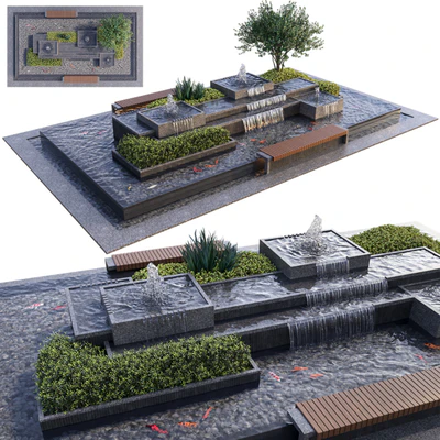 Landscaping Figure with Plants Waterfalls and Fish — скачать