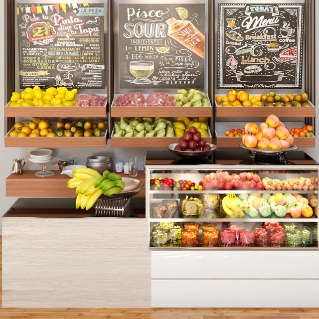 A small showcase in a supermarket with a large selection of fruits and vegetables. Food — Descargar