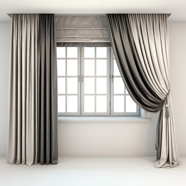 Two-color curtains the floor is straight and with a pick-up brush, Roman curtains and a window — Descargar
