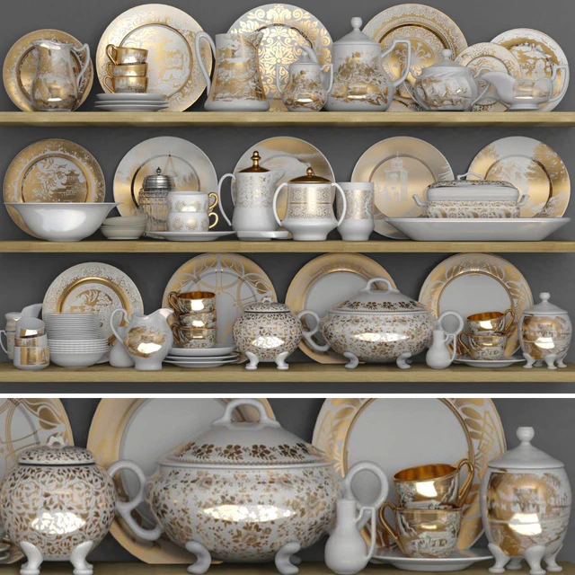 Classic crockery set with porcelain and gold leaf — Descargar