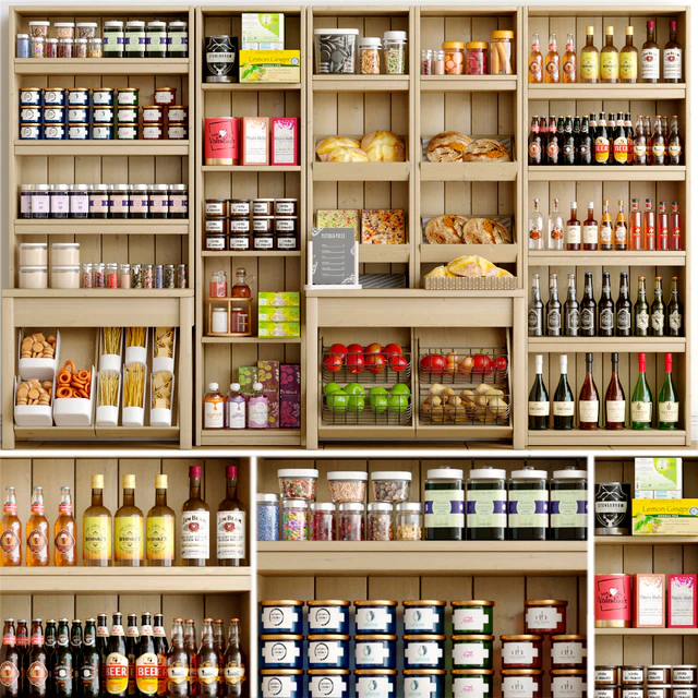 Rack with spices, alcohol and pastries in the supermarket — Descargar