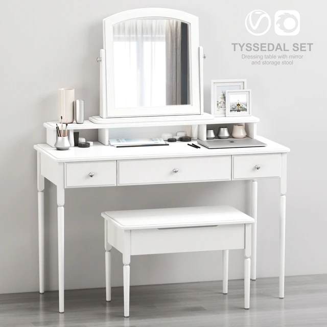 IKEA TYSSEDAL Dressing table with mirror and storage stool, white — Скачать