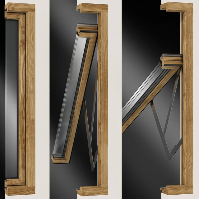 Откидное распашное деревянное металлическое окно / Top swing hinged wooden metal window — Скачать