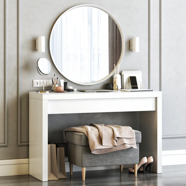 Ikea Malm Dressing Table with Langesund Round Mirror and Strandmon Gray Ottoman — Скачать