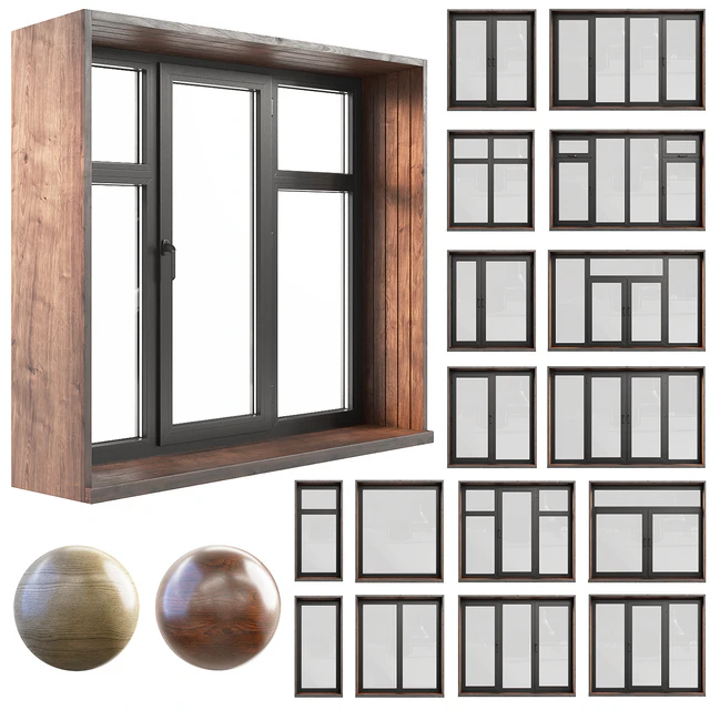 A set of plastic windows with wooden trim. — Скачать