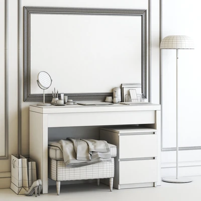 IKEA MALM Dressing Table with SONGE wall mirror and Strandmon Gray Ottoman — Ver 3