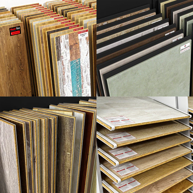 Exhibition stands with samples of laminate, porcelain tile, stucco molding — Descargar