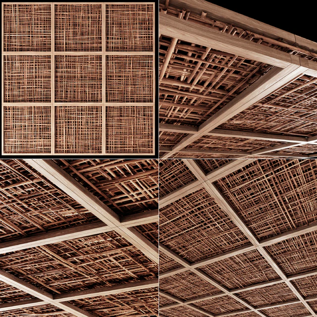 Ceiling wood cage thin branch n4 / Wooden ceiling made of thin branches on beams — Descargar