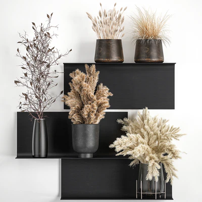 A set of bouquets of dried flowers in vases on a black metal shelf made of Pampas branches, reeds. 119 — Ver 6