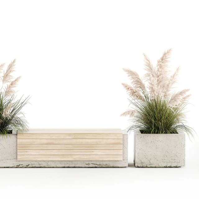 Bench flowerbed for the urban environment in a concrete flowerpot with bushes of reeds and pampas grass, Cortaderia. 1144. — Descargar