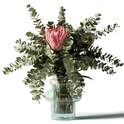 Bouquet with three pink proteas and eucalyptus in a glass vase — Ver 3