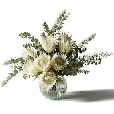 Bouquet with white proteas and eucalyptus in a ribbed glass vase — Ver 4