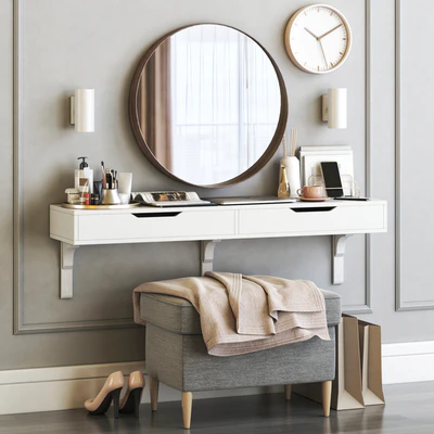 IKEA ALEX dressing table with STRANDMON ottoman and STOCKHOLM round mirror — View 1