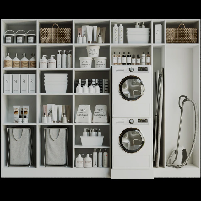 Linear with household appliances and household chemicals. Bathroom accessories — Descargar