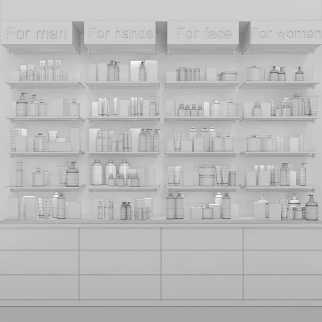 Showcase in pharmacies cosmetics for care. Beauty saloon — Descargar