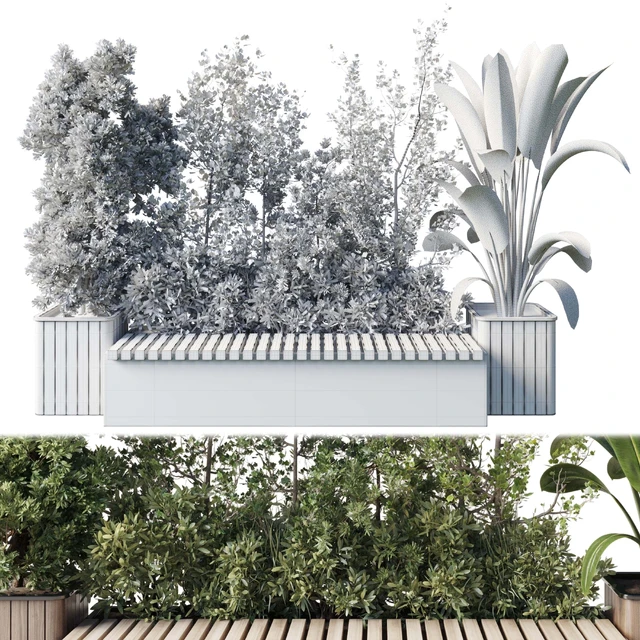 Urban Environment Urban Furniture Green Benches Set Plants Tree 29 — Скачать