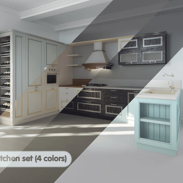 Kitchen TM "DEKS", 4 types of finishes + components (hood, faucet handles, a bottle of wine) — Descargar